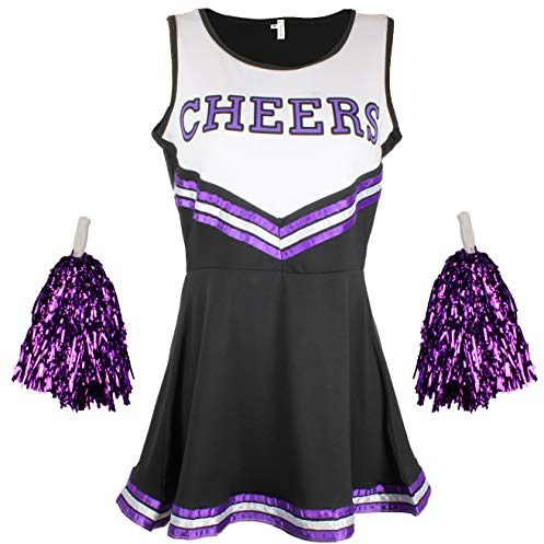 Cherry-on-Top Cheerleader Fancy Dress Outfit Uniform High School Costume With Pom Poms Black And Purple Cheerleader, Large