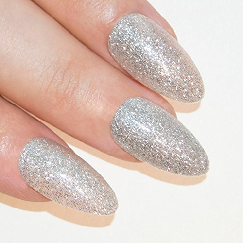 Bling Art Almond False Nails Fake Stiletto Gel Silver Glitter 24 Long Tips Glue