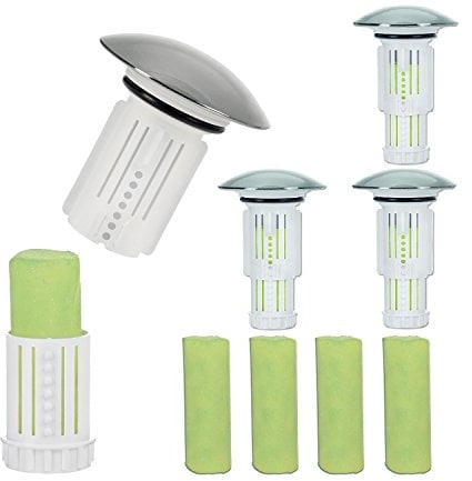 Abflussfee Waschbeckenstöpsel inkl. 4 Verschlussstopfen und 8 Reinigungssteinen | Reinigungssteine für Abflüsse jeder Art, Abflussreiniger | inkl. Frische Duft [Apfel Aroma, grün]