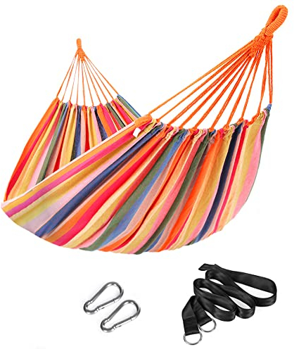 SONGMICS Hängematte, für 2 Personen, 210 x 150 cm, bis 300 kg belastbar, für Terrasse, Balkon, Outdoor, mit Transportbeutel, Befestigungsgurte und Karabiner inklusive, Regenbogen GDC15C