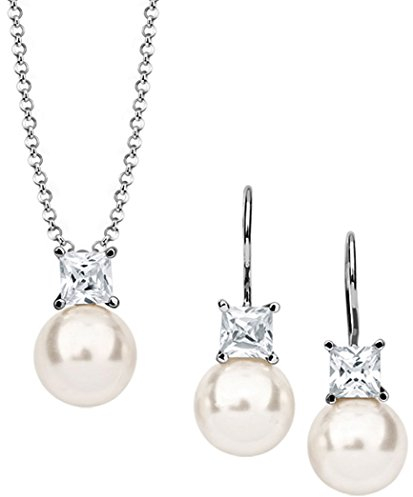 Nenalina Damen Schmuckset mit Perlen, Halskette mit Anhänger und Ohrhänger aus Glas Perlen und Zirkonia, Damen Kette und Ohrring Set für Frauen, 925 Sterling Silber, Länge 50cm