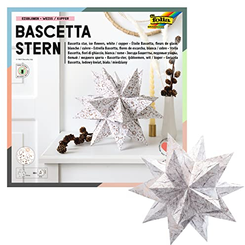 folia 406/2020 - Bastelset Bascetta Stern Winterornament weiß/kupfer, 32 Blatt, 20 x 20 cm, fertige Größe des Papiersterns ca. 30 cm, mit ausführlicher Anleitung - ideal zur zeitlosen Dekoration