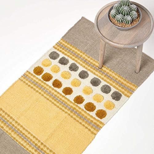 Homescapes waschbarer Chenille Teppich/Läufer 66 x 200 cm, handgewebt aus 100% Baumwolle, moderner Baumwollteppich, senfgelb, grau und Creme gestreift mit getufteten Kreisen