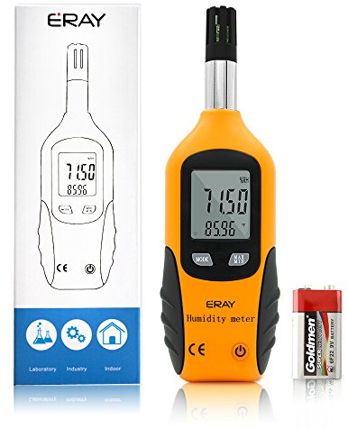 Digital Psychrometer Thermometer Hygrometer with Backlight, ERAY Temperature and Humidity Reader Meter Thermo-Hygrometer with Dew Point and Wet Bulb Temperature, 9V Battery Included(Yellow)