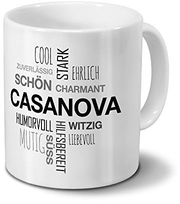printplanet Tasse mit Namen Casanova Positive Eigenschaften Tagcloud - Schwarz - Namenstasse, Kaffeebecher, Mug, Becher, Kaffeetasse
