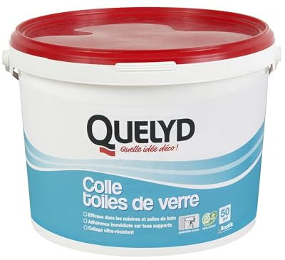 Quelyd Colle Toiles de Verre – Colle Fibres de Verre Prête à l'Emploi – Tous Supports Muraux – Toutes Pièces dont Cuisines et Salles de Bain – Sans Solvant – Pot de 10 kg ( 50m²)