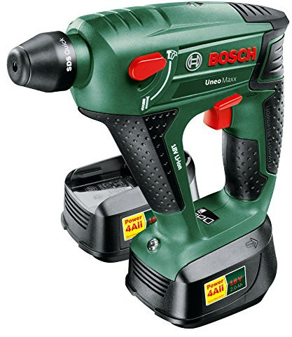 Bosch - Uneo Maxx, Perforatore/trapano/avvitatore 3 in 1, con 2 batterie, colore: Verde
