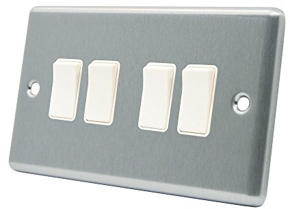 AET CSC4GSWIWH 10 A 4-Gang 2-Way Satin Finish Chrome Classical White Insert Plastic Rocker Light Switch