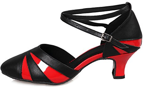 HROYL Women's Dance Shoes Black+Red Black+Red Leather Latin/Chacha/Samba/Modern/Jazz Dance Shoes, 4.5 UK, Black Red1
