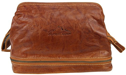 Alpenleder Kulturbeutel - LAGO DI COMO (Handgefertigt) - Nachhaltiges Bio-Leder aus regionaler Landwirtschaft | Kulturtasche Damen & Herren, Kulturbeutel leder *Fair Produziert* (27,18.5,14cm, Cognac)