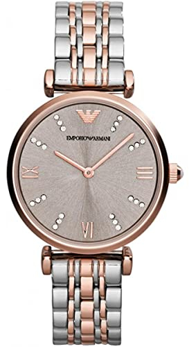 Emporio Armani Watch For Women, Quartz Movement and 31mm Case Size with Stainless steel, Leather or Silicone strap Set aus Grau und Roségoldtönen , 31MM