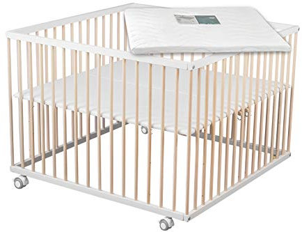 Sämann Laufgitter 100x100 cm mit Matratze - BASIC - 3-fach höhenverstellbar Laufstall Baby Buche weiß/natur