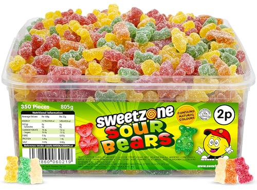 Sweetzone Sour Bears 805 g, 350 Pcs Sweets Tub, Halal Sweets, Sour Sweets, Gummy Candy, Jelly Sweets, Gummies Candy, Fizzy Sweets, Tubs of Sweets for Retro Sweets for Your Sweeth Tooth