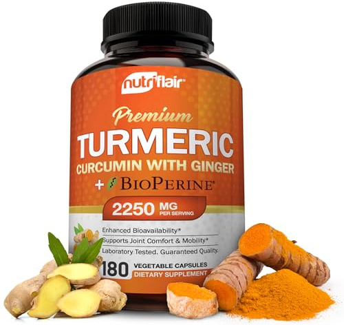 NutriFlair Turmeric Curcumin Supplement 2250mg, 180 Capsules - with Ginger & BioPerine Black Pepper - Standardized 95% Curcuminoids, Non-GMO, Vegan Joint Support, Antioxidant - High Absorption