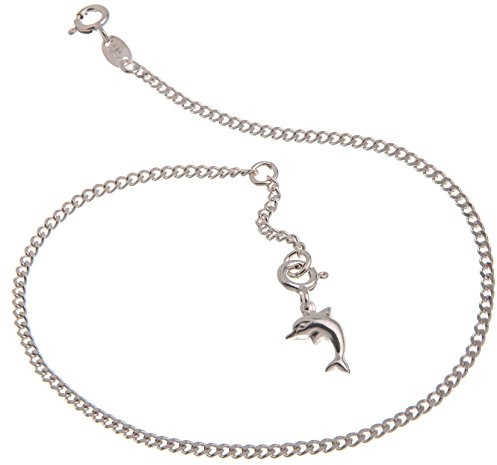 Fußkette Silber Panzer mit kleinem Delphin Anhänger - 2,2mm Breite, Länge 28cm - echt 925 Silber