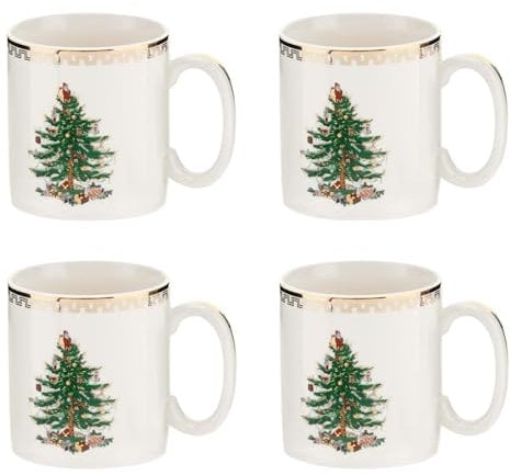 Spode Christmas Tree Gold 8 Oz (Set of 4) - Festive Holiday Coffee Mugs for Tea, Hot Cocoa, Coffee - Fine Earthenware with 22K Gold Detailing, Excellent for Christmas Celebrations