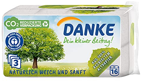 DANKE Toilettenpapier, sanftes Klopapier 3 lagig aus 100% Recycling Papier, 1 x Vorratspack mit 16 Rollen