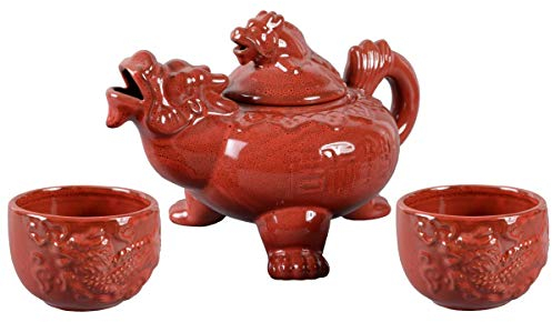 Aricola Teeservice Roter Drache. Teekanne 800ml und Zwei Teecups 160ml mit Drachenmotiv.