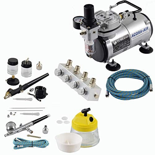 Agora-Tec® Airbrush Komplett-Set EXPERT XIV.1, Komplettsystem für Airbrush, inkl. Kompressor mit 4 bar und 20l/min + 2 Airbrushpistolen mit 0,2 & 0,3 & 0,5 & 0,8mm Nadeln/Düsen + regelbaren 4-fach Luftdruckverteiler + Clean Pot + 2 Schläuche + Adapter