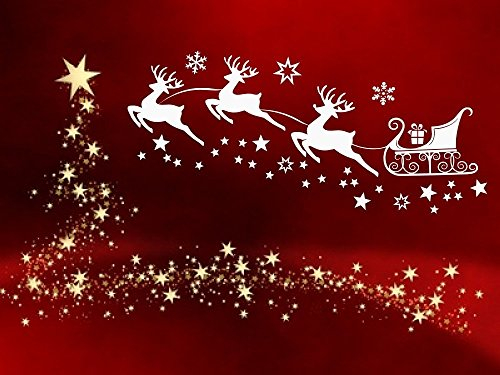 Fensterdekoration zu Weihnachten - Rentierschlitten, Rentier mit 29 Sternen und Schneeflocken weiss 70023-58x26 cm - Aufkleber, Fensterbild / Fensteraufkleber, Wandtattoo Deko Sticker, Autoaufkleber, Weihnachtsdekoration, Schaufenster In- und Outdoor