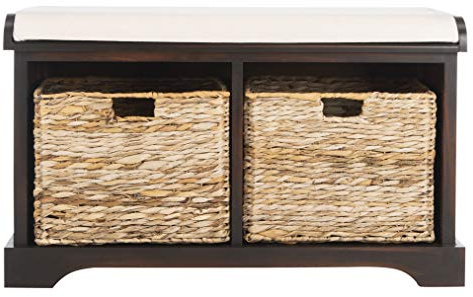 SAFAVIEH Home Collection – Freddy Brown Storage Bench with Wicker Baskets & Cushion, Entryway Seating Bench, Fully Assembled (AMH5736A)