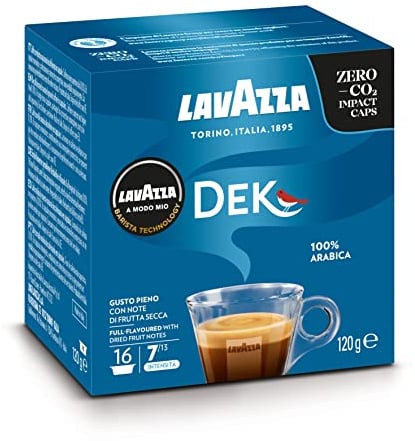 Lavazza, A Modo Mio Dek, Entkoffeinierte Espresso Kapseln, 1 Packung mit 16 Kaffeekapseln, 100 % Arabica, Vollmundiger und Ausgewogener Geschmack, Intensität 7/10, Mittlere Röstung