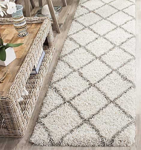 SAFAVIEH Hudson Shag Collection Runner Rug - 2'3 x 8', Ivory & Grey, Modern Trellis Design, Non-Shedding & Easy Care, 2-inch Thick Ideal for High Traffic Areas in Living Room, Bedroom (SGH281A)