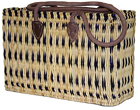 Seegras Tasche Korb Einkaufstasche Einkaufskorb Flechtkorb Korbtasche Palmgras langer Griff groß Color Blau