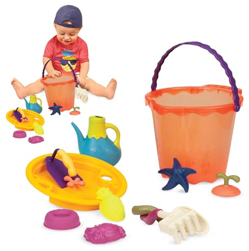 B. Toys – Juguetes de Playa – 11 Juguetes para la Arena – Juego de Playa – Cubeta, Pala, moldes y más – 18 Meses + – Shore Thing - Naranja