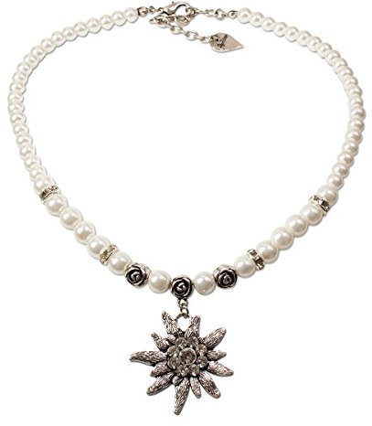 Alpenflüstern Perlen-Trachtenkette Fiona mit Strass-Edelweiß groß - Damen-Trachtenschmuck Dirndlkette Creme-weiß DHK054