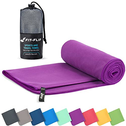 Fit-Flip Microfibre towel - compact, ultra lightweight & quick dry - perfect for gym, travel & beach - swimming towels for sports, camping & hiking (100x200cm purple + bag)