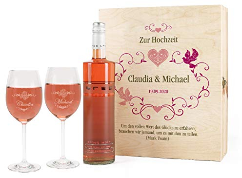 Leonardo Edles Weinset Geschenk zur Hochzeit mit BREE Rosé Wein, Leonardo Weingläsern u. persönlicher Gravur