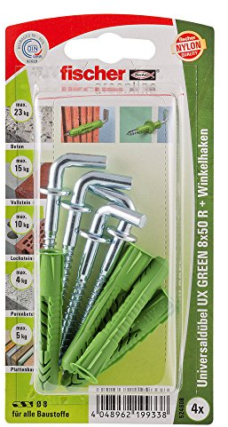 fischer 524808 8x50 R WH K, Inhalt Universaldübel UX Green 8 x 50 R (mit Rand), 4 x Winkelhaken 5 x 70