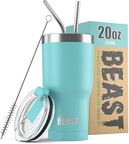 BEAST Mug Isotherme Cafe - 550ml I Bleu aigue-marine I Acier Inoxydable I Réutilisable, Tasses Isothermes I 2 Pailles et Brosse Nettoyage I Thermos Cafés de Voyage Double Paroi I Café Chaud ou Glacé