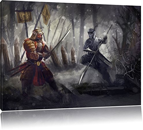 Pixxprint Kampf zwischen Samurai und Ninja, Größe: 120x80cm, Leinwandbild, fertig gespannt, Wandbild, Dekoration, Kunstdruck, kein Poster