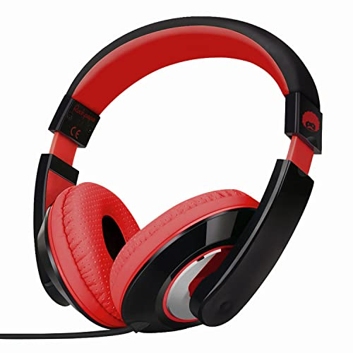 Rockpapa Comfort Kids Headphones, Over Ear Wired, Adjustable Headband, Stereo Sound, For Kids Girls Teens Adults (Black Red)
