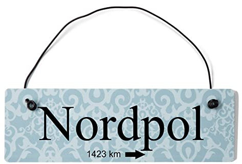 Deko Shabby Chic Schild Nordpol Vintage Holz Türschild in blau mit Draht