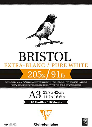 Clairefontaine 96172C - Block Bristolkarton geleimt, DIN A3, 29.7 x 42 cm, 205g, 20 Blatt, 100% Zellulose, ideal für das technische Zeichnen, Weiß, 1 Stück