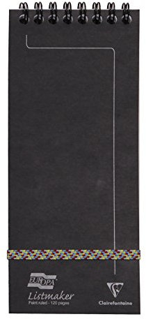 Clairefontaine 482/1111Z - Schreibblock / Notizblock Europa Listmaker mit Doppelspirale kopfseitig, 7,6x18 cm, 60 Blatt liniert, 90g, strapazierfähig, für den täglichen Gebrauch, schwarz, 1 Stück
