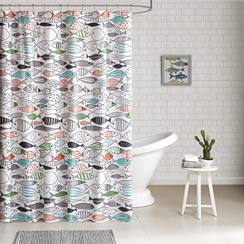 HipStyle – Sardinia – moderner mehrfarbiger Fisch – Baumwolle Bedruckt – Designer-Duschvorhang – 182,9 x 182,9 cm – maschinenwaschbar