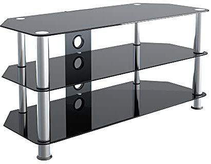 MAHARA Glass Corner TV Stand – Universal Black Glass TV Unit 100cm wide with Glass Shelves and Cable Management – TV Floor Stand Suitable for up to 50” TVs and Max Weight 45kg