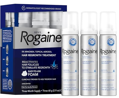 Men’s Rogaine 5% Minoxidil for Men Foam, Clinically Proven Regrowth for Thinning Hair, Topical Hair Loss Treatment, Unscented Topical Aerosol, Results in 8–16 Weeks, 3-Month Supply, 3 x 2.11 oz
