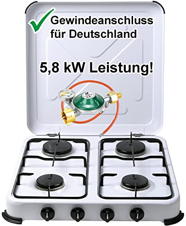 Gaskocher Campingkocher 50 mbar 4-flammig mit Gasschlauch und Gasregler mit 360°-Manometer Gas Füllstandsanzeige und Schlauchbruchsicherung