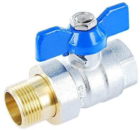 3/4“ Kugelhahn mit Verschraubung I Messing verchromt I blauer Flügelgriff I voller Durchgang I PN 25 I BSP I Aussengewinde x Innengewinde I MF