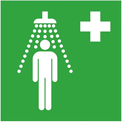 Betriebsausstattung24 Erste-Hilfe-Schild Notdusche - PVC-Folie, langnachleuchtend, selbstklebend - 15,0 x 15,0 cm - Symbol E012
