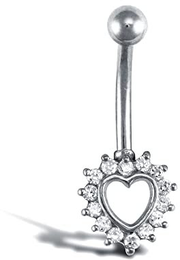 Jewelco London Ladies 9ct White Gold White Round Brilliant Cubic Zirconia Love Heart Banana Belly Bar, 10mm