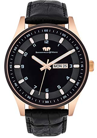 Rhodenwald & Söhne Couragian Herrenuhr Quarzuhr Edelstahl roségold/schwarz 5 ATM Präzisions-Quarzwerk Echtlederarmband schwarz - Quarzuhr Armbanduhr