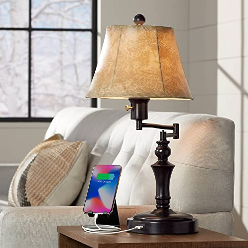 Regency Hill Corey 21.75 High Traditional Natural Cottage Swing Arm Hotel Style Desk Table Lamp with USB Ports A+C Charging Bronze Metal Faux Leather Bell Shade Living Room Bedroom House Bedside