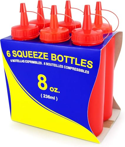 New Star Foodservice 26283 Squeeze Bottles, Plastic, 8 oz, Red, Pack of 6