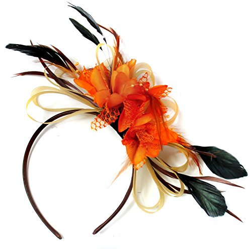 Caprilite Gold and Orange Fascinator Headband Net Hoop Feather Hair Wedding Royal Ascot Races